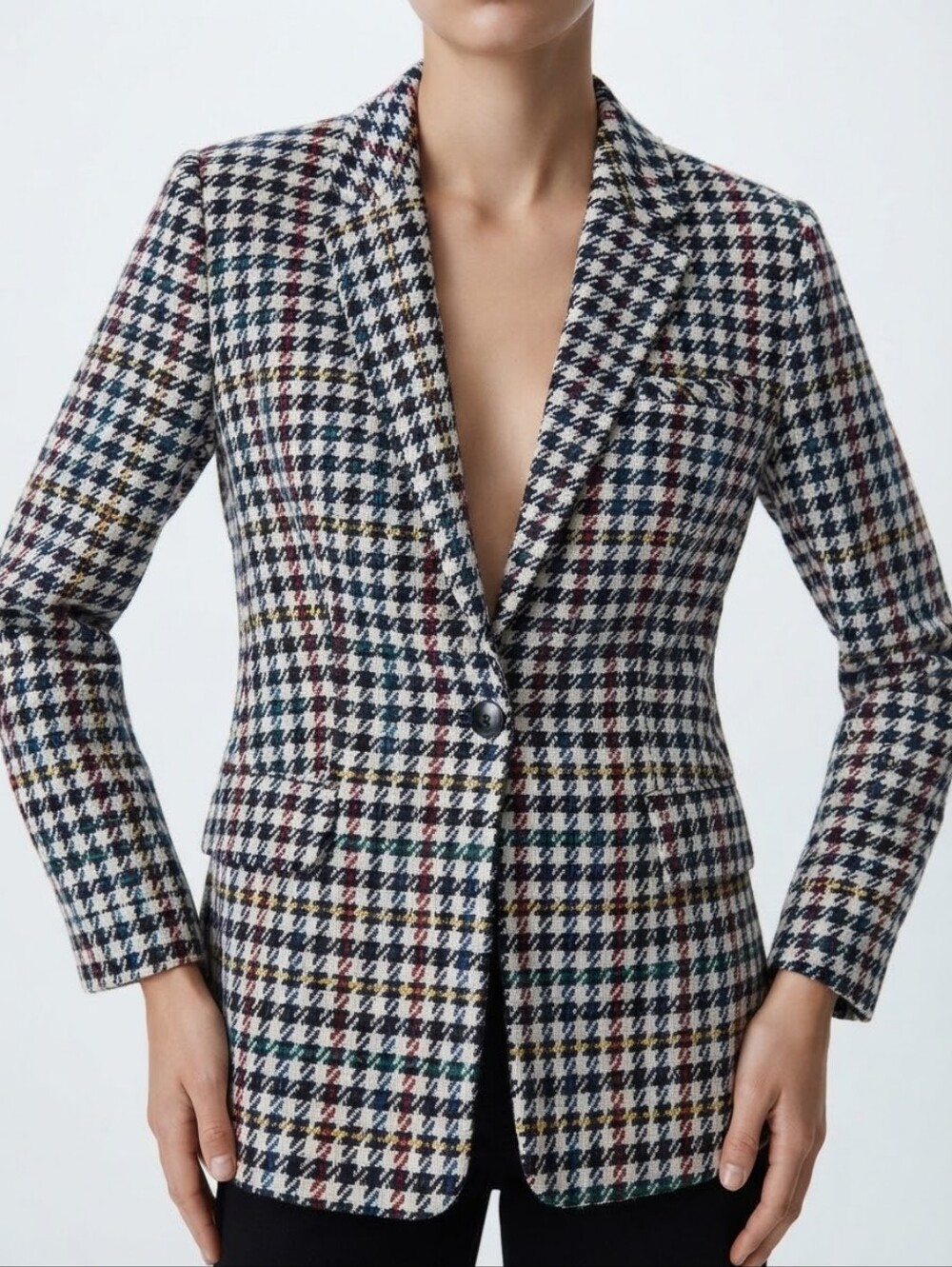 Zara TRF Multicolored Houndstooth Wool-Blend Tailored Blazer Chic Jacket S/M